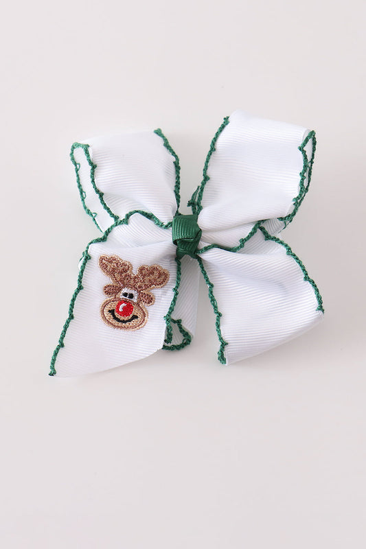 Forest Reindeer Embroidery Crochet Edge Hair Bow - Whimsical Holiday Accessory for Girls