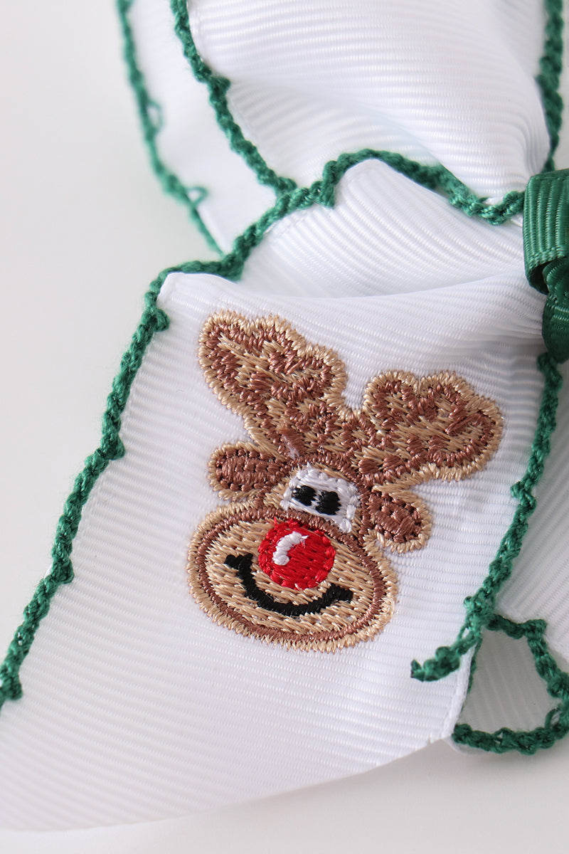 Forest Reindeer Embroidery Crochet Edge Hair Bow - Whimsical Holiday Accessory for Girls
