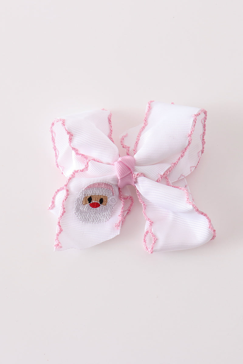 Pink Santa Claus Embroidery Crochet Edge Hair Bow - Sweet Holiday Accessory for Girls