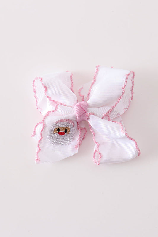 Pink Santa Claus Embroidery Crochet Edge Hair Bow - Sweet Holiday Accessory for Girls