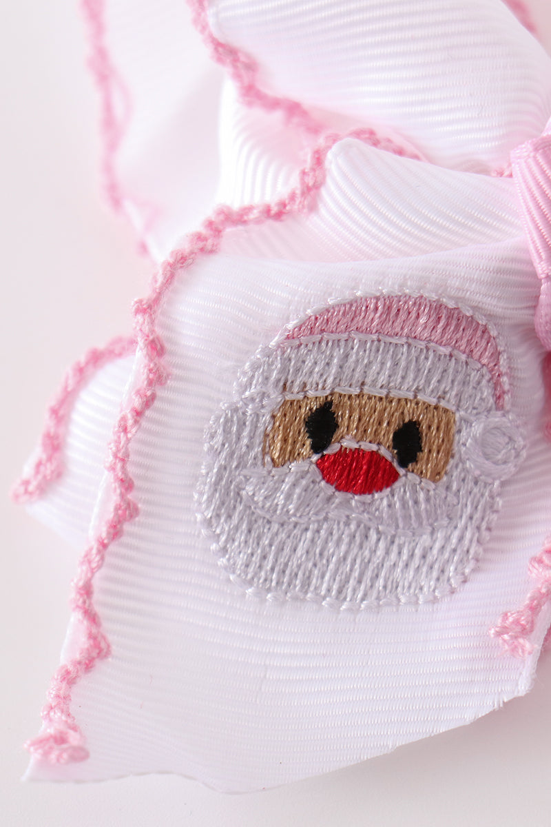 Pink Santa Claus Embroidery Crochet Edge Hair Bow - Sweet Holiday Accessory for Girls