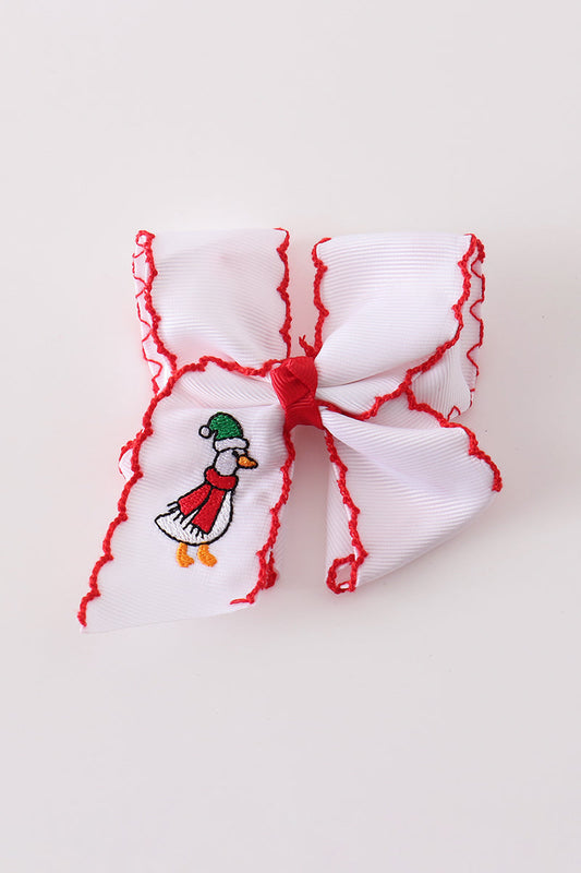 Red Goose Embroidery Crochet Edge Hair Bow - Charming Holiday Accessory for Girls