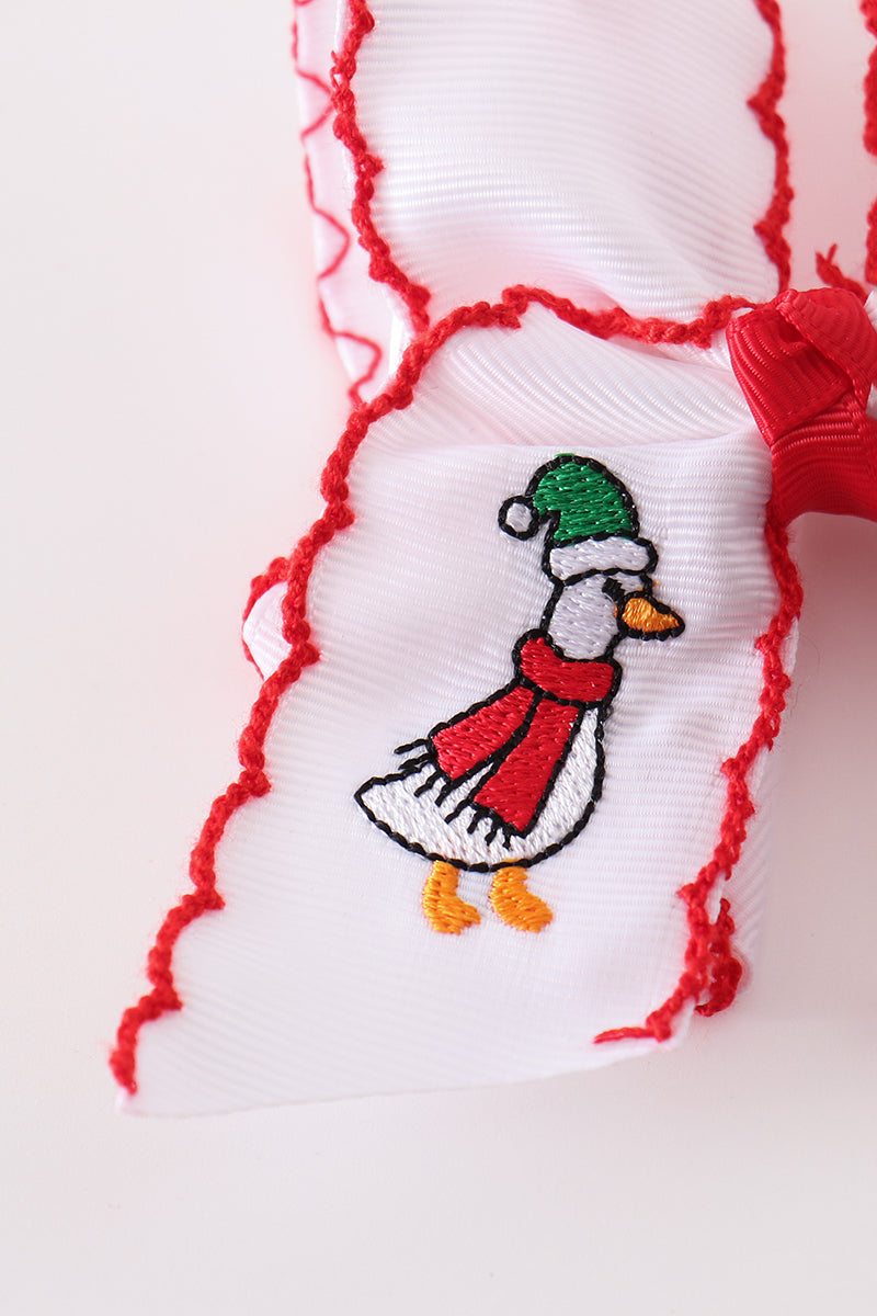 Red Goose Embroidery Crochet Edge Hair Bow - Charming Holiday Accessory for Girls