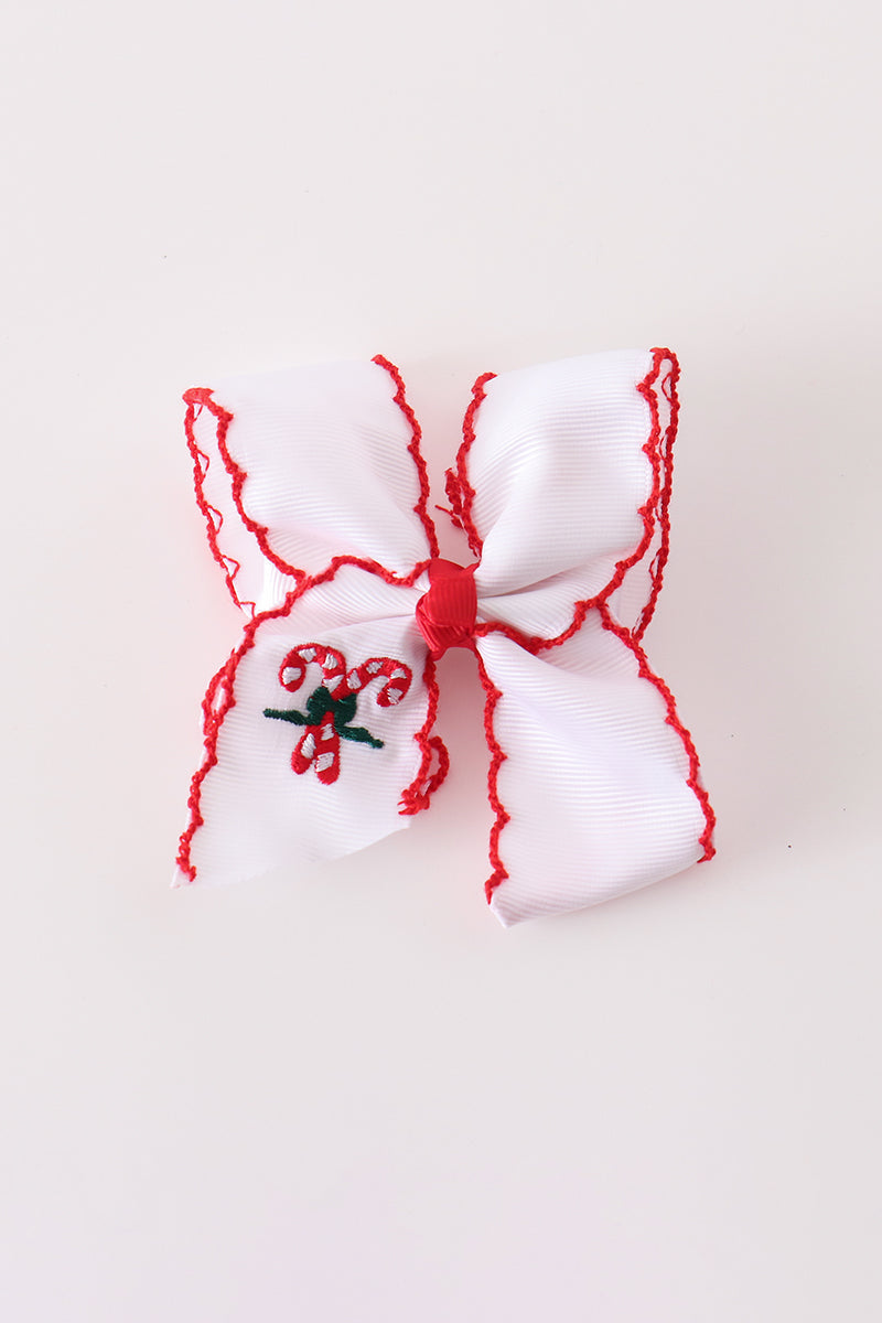 Red Candy Cane Embroidery Crochet Edge Hair Bow - Sweet Holiday Accessory for Girls