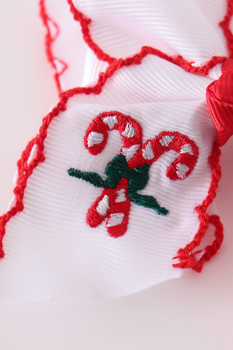 Red Candy Cane Embroidery Crochet Edge Hair Bow - Sweet Holiday Accessory for Girls