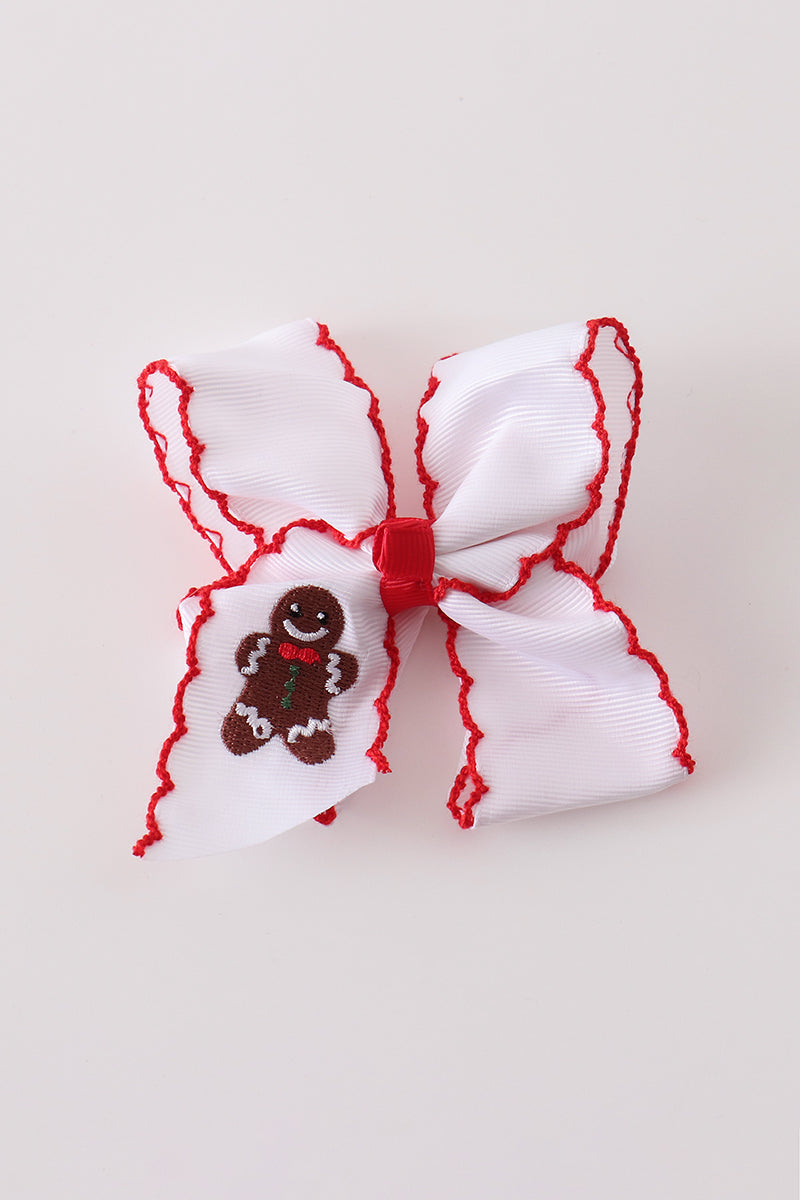 Red Gingerbread Embroidery Crochet Edge Hair Bow - Sweet Holiday Accessory for Girls