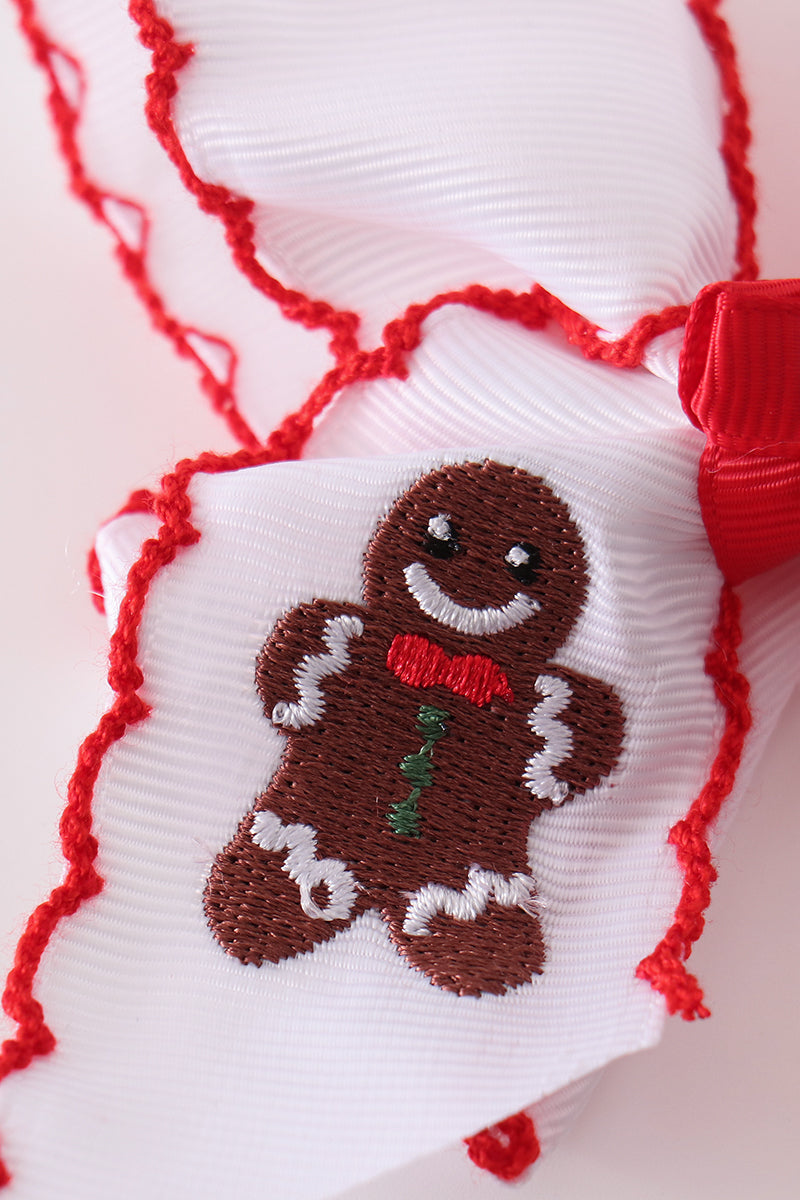 Red Gingerbread Embroidery Crochet Edge Hair Bow - Sweet Holiday Accessory for Girls