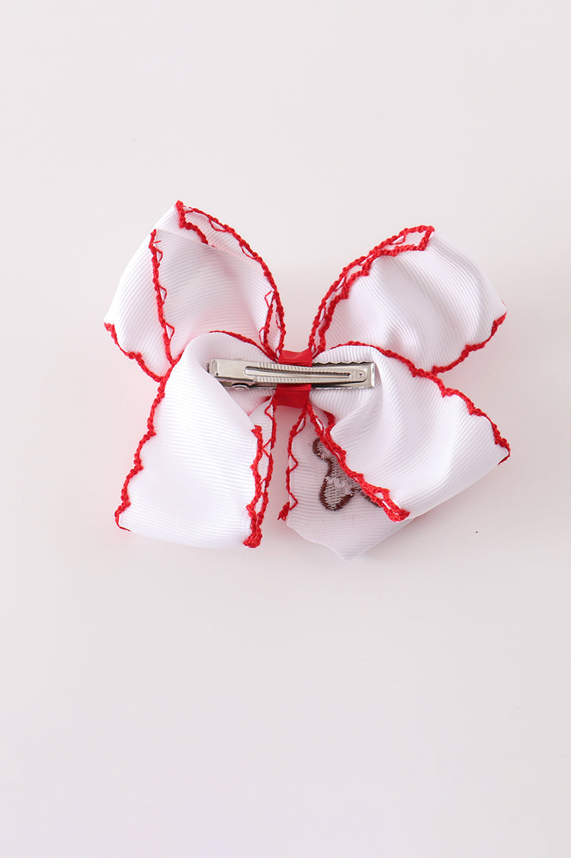 Red Gingerbread Embroidery Crochet Edge Hair Bow - Sweet Holiday Accessory for Girls