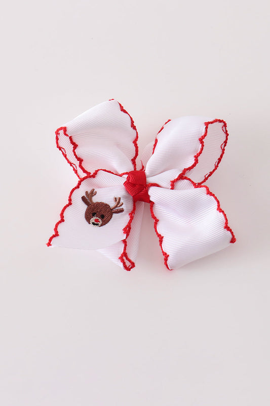 Red Reindeer Embroidery Crochet Edge Hair Bow - Festive Holiday Accessory for Girls