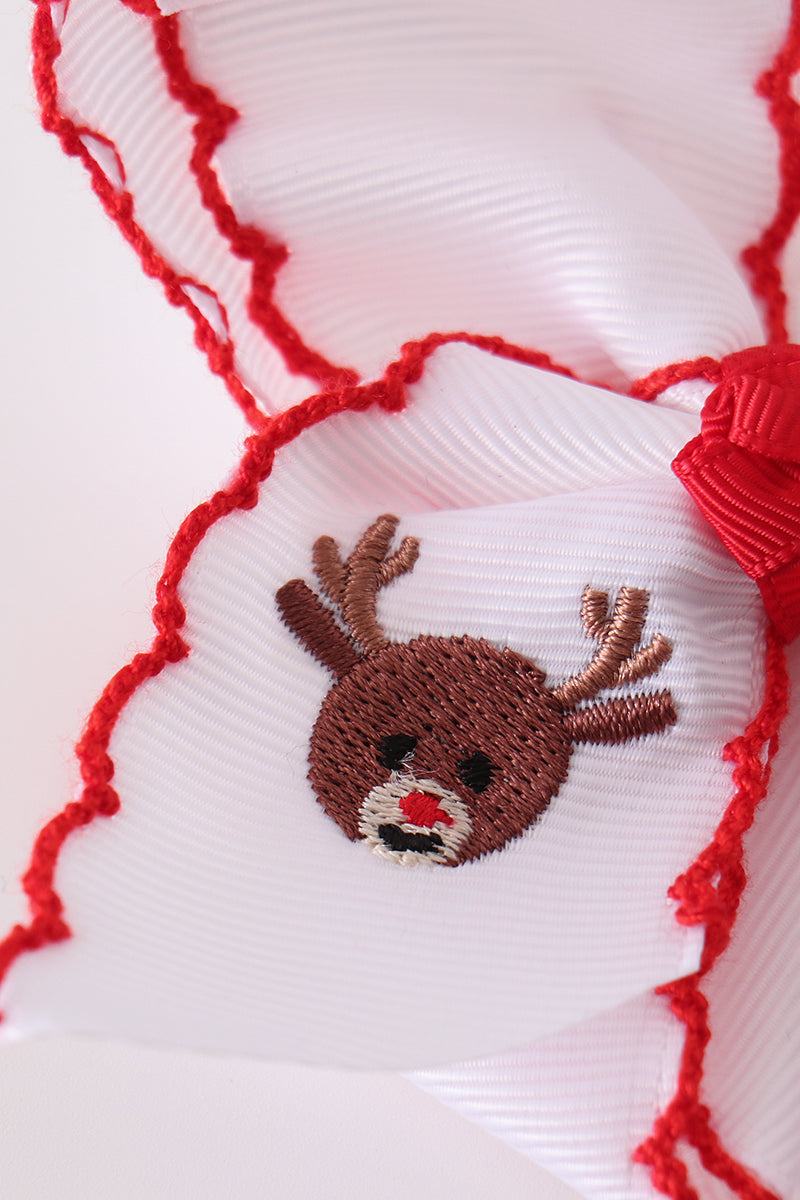 Red Reindeer Embroidery Crochet Edge Hair Bow - Festive Holiday Accessory for Girls