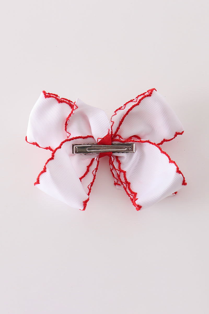 Red Reindeer Embroidery Crochet Edge Hair Bow - Festive Holiday Accessory for Girls