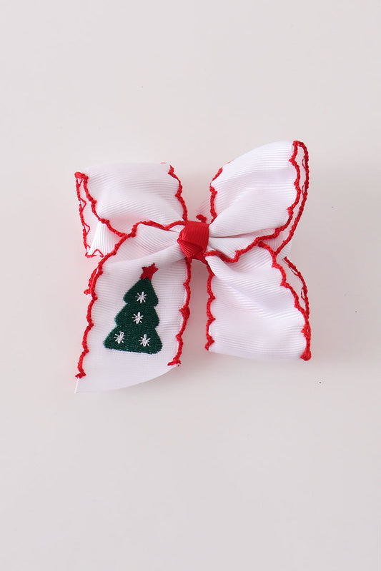 Red Christmas Tree Embroidery Crochet Edge Hair Bow - Festive Holiday Accessory for Girls