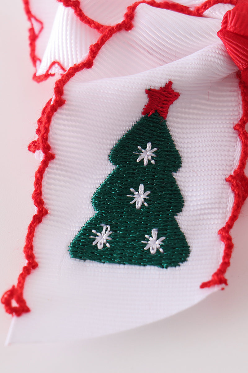Red Christmas Tree Embroidery Crochet Edge Hair Bow - Festive Holiday Accessory for Girls