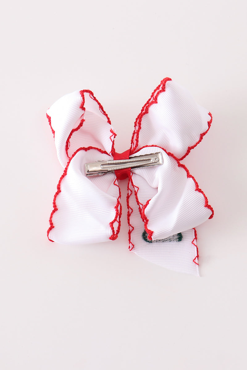 Red Christmas Tree Embroidery Crochet Edge Hair Bow - Festive Holiday Accessory for Girls
