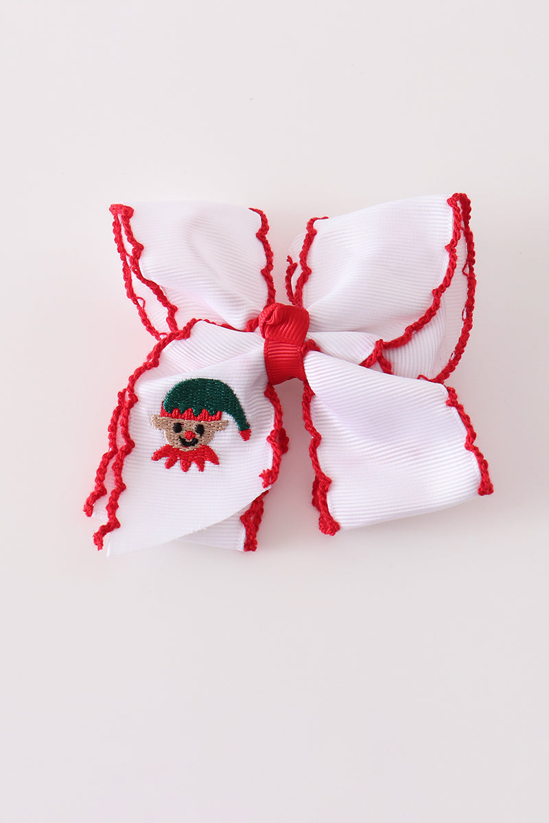 White Snowman Embroidery Crochet Edge Hair Bow - Whimsical Winter Accessory for Girls
