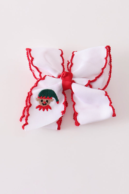 White Snowman Embroidery Crochet Edge Hair Bow - Whimsical Winter Accessory for Girls