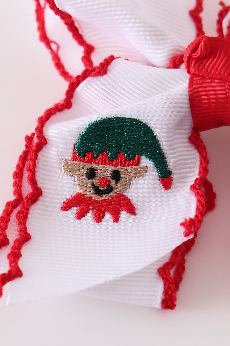 White Snowman Embroidery Crochet Edge Hair Bow - Whimsical Winter Accessory for Girls