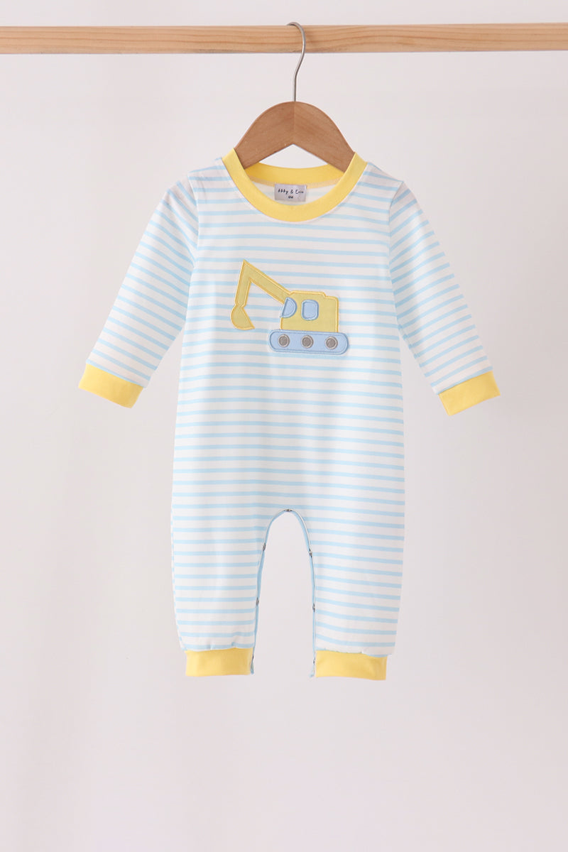 Blue Striped Excavator Appliqué Romper - Sweet Everyday Style for Baby Boys