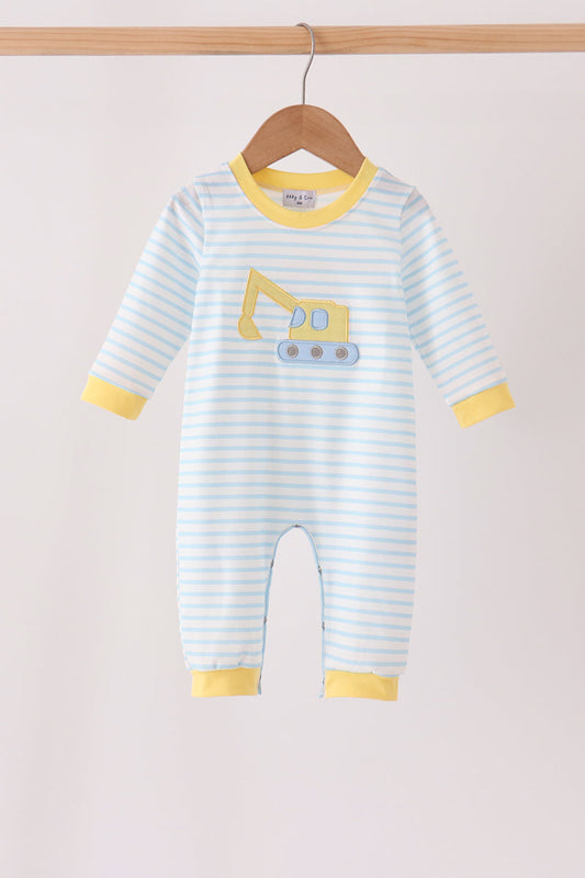 Blue Striped Excavator Appliqué Romper - Sweet Everyday Style for Baby Boys
