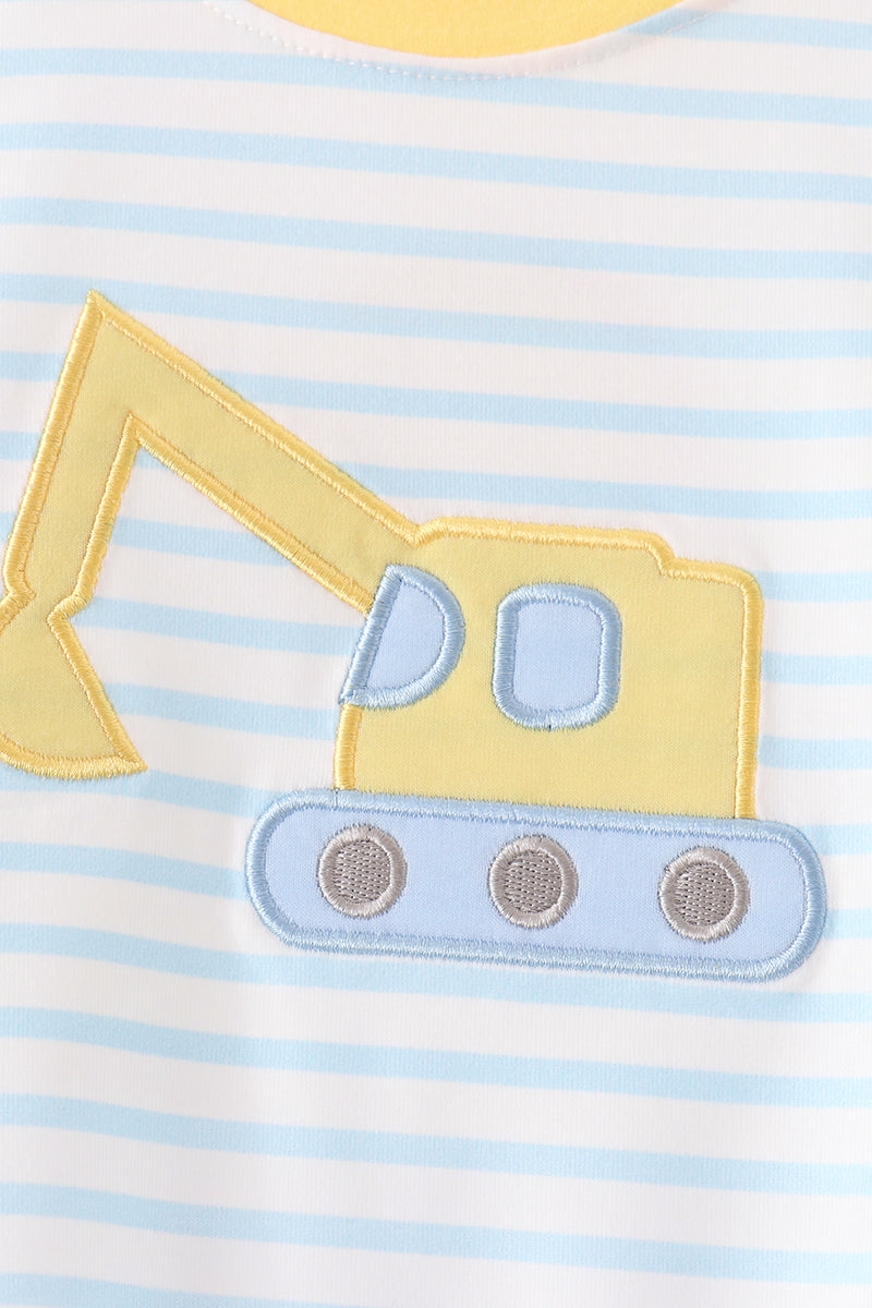 Blue Striped Excavator Appliqué Romper - Sweet Everyday Style for Baby Boys