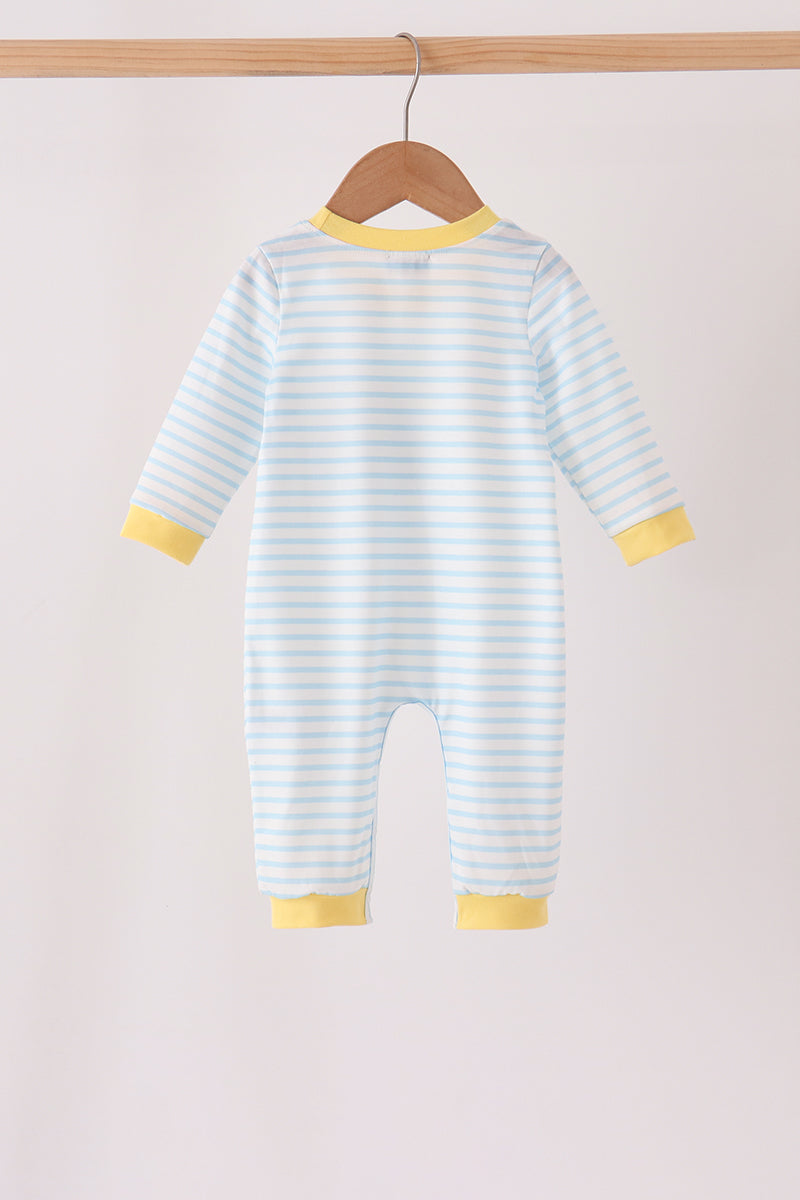 Blue Striped Excavator Appliqué Romper - Sweet Everyday Style for Baby Boys