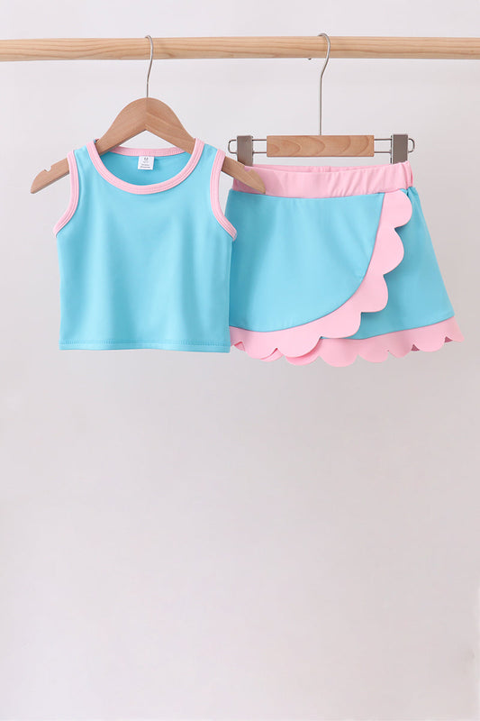 Blue Performance Scalloped Skorts Set – Athletic Girls Two-Piece