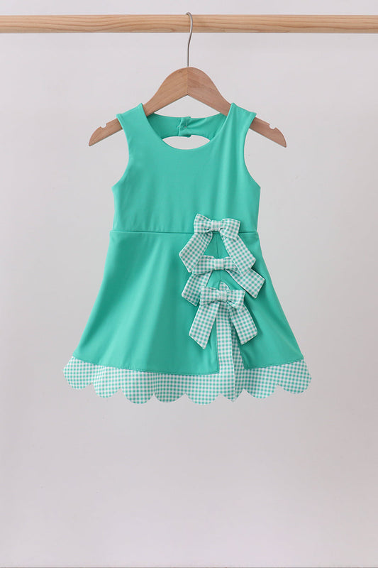 Green Scalloped Bow Active Dress – Girls Athletic Dress with Built-In Shorts