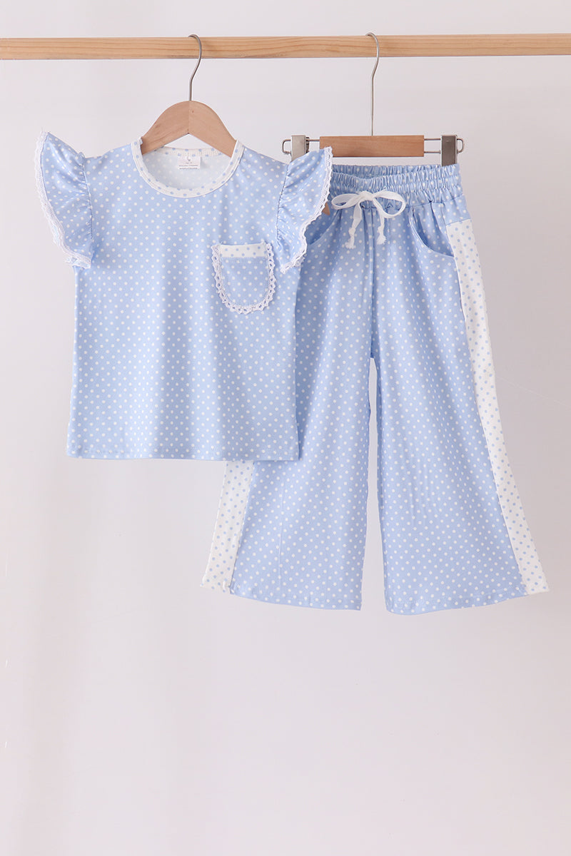 Blue Polka Dot Pocket Ruffle Pants Set - Sweet Style for Girls
