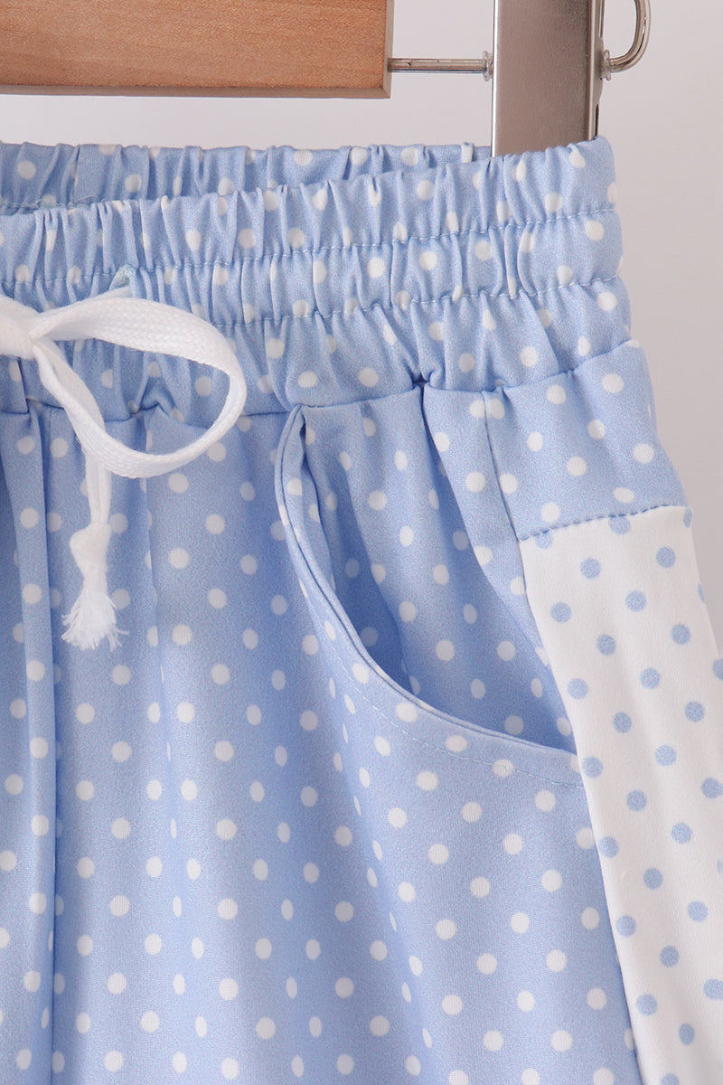 Blue Polka Dot Pocket Ruffle Pants Set - Sweet Style for Girls