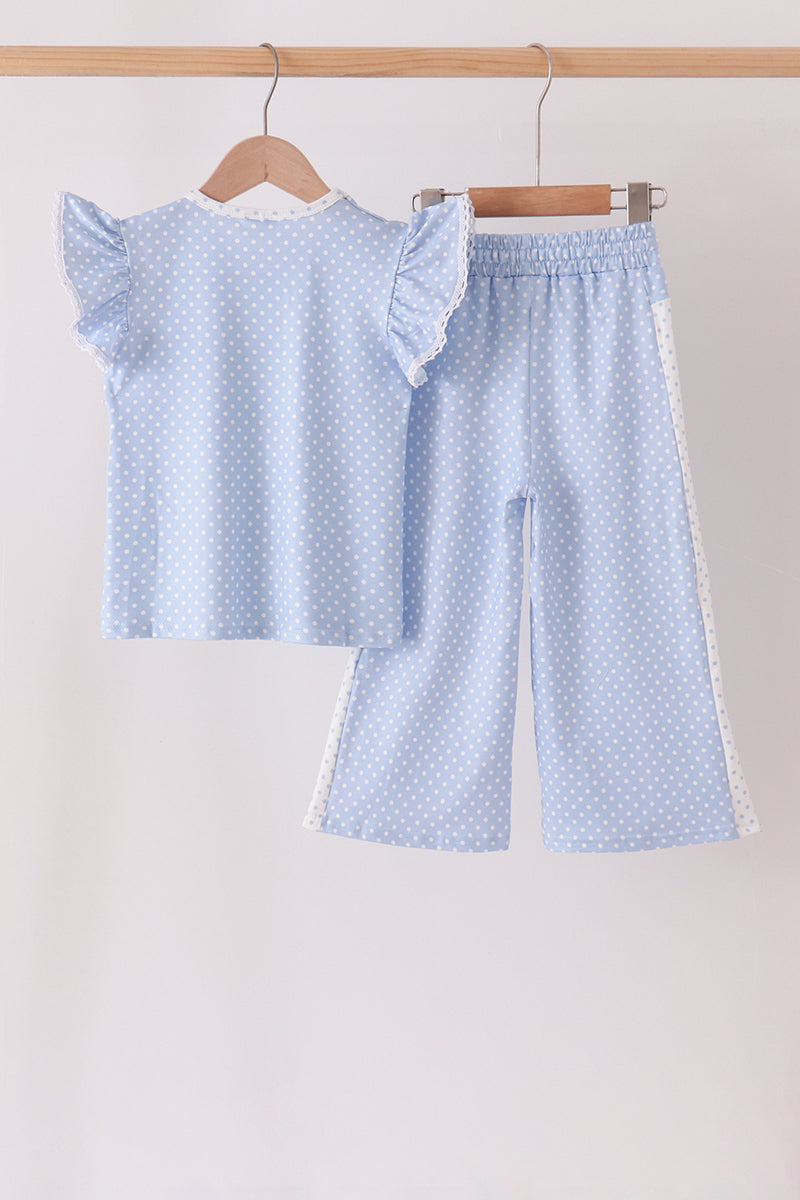 Blue Polka Dot Pocket Ruffle Pants Set - Sweet Style for Girls