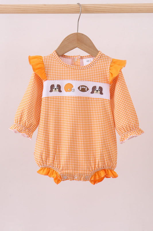 Premium Orange Tennessee Puppy Football Embroidery Gingham Ruffle Bubble