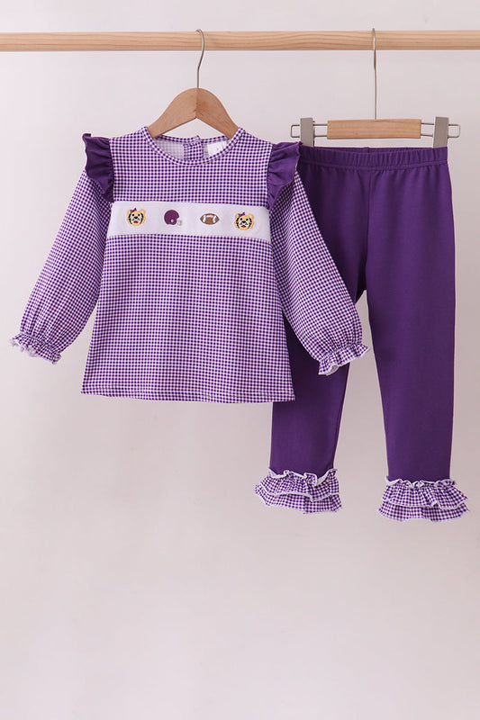 Purple LSU Tiger Football Embroidery Gingham Ruffle Pants Set - Perfect for Little Ones