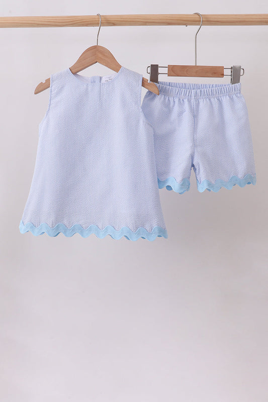 Blue Seersucker Stripe Scalloped Shorts Set – Preppy Girls Two-Piece