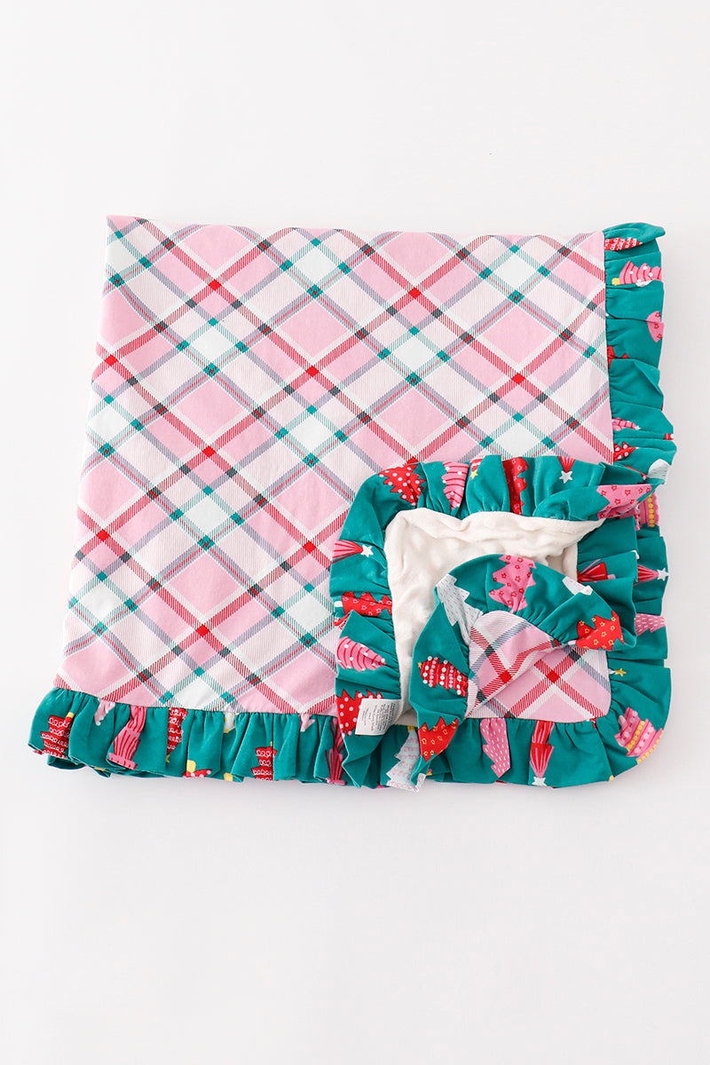 Platinum Pink Plaid Ruffle Knit Baby Blanket