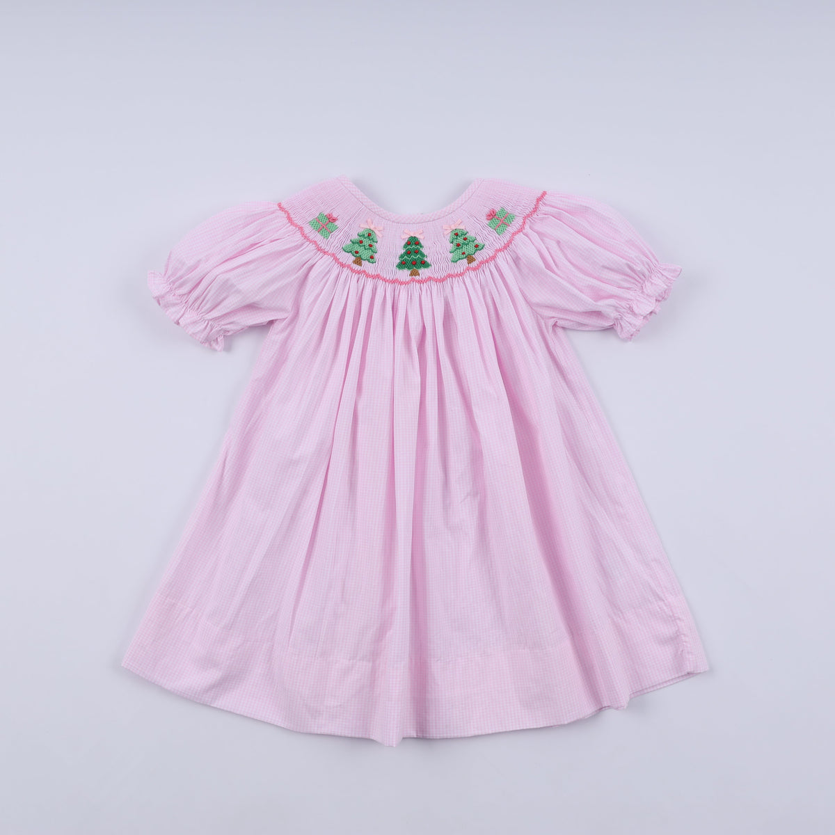 Pink Christmas Tree Hand Smocked Dress - Sweet Holiday Style for Girls