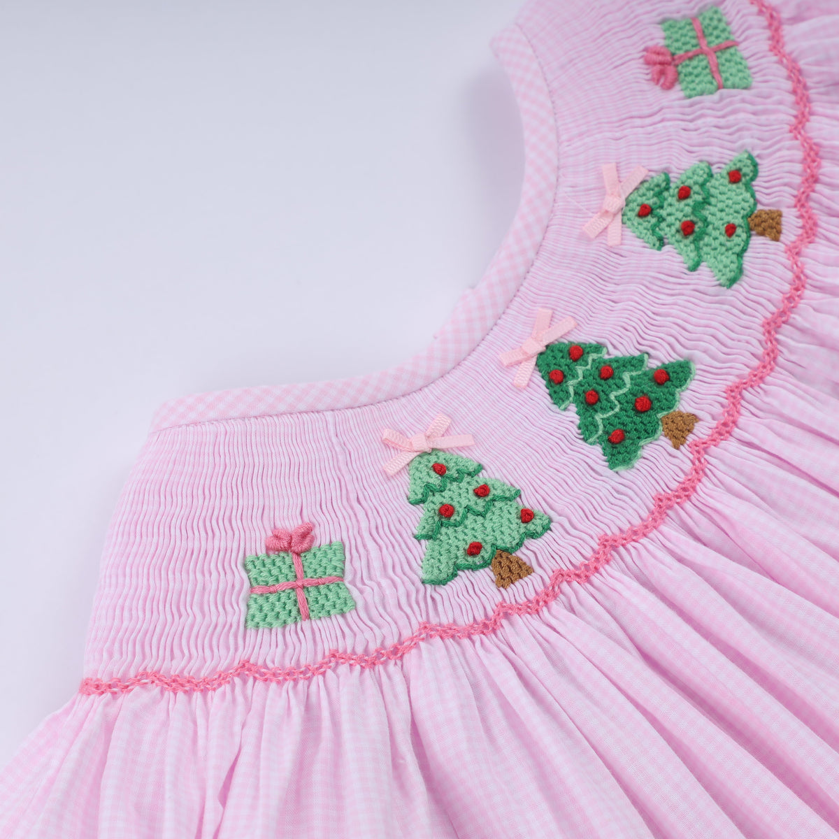 Pink Christmas Tree Hand Smocked Dress - Sweet Holiday Style for Girls