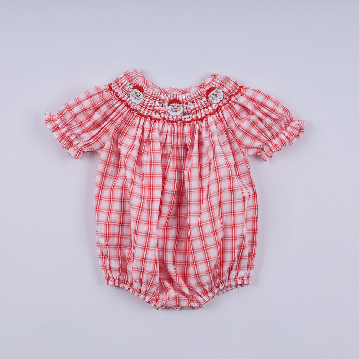 Red Christmas Santa Claus Hand Smocked Plaid Bubble - Festive Holiday Style for Baby Girls