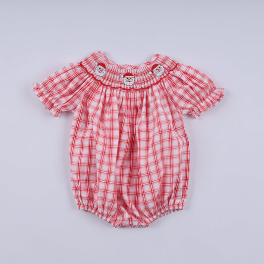 Red Christmas Santa Claus Hand Smocked Plaid Bubble - Festive Holiday Style for Baby Girls