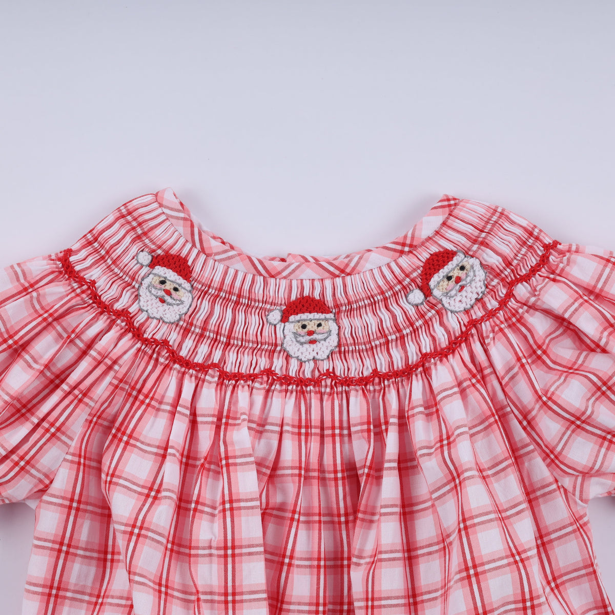 Red Christmas Santa Claus Hand Smocked Plaid Bubble - Festive Holiday Style for Baby Girls