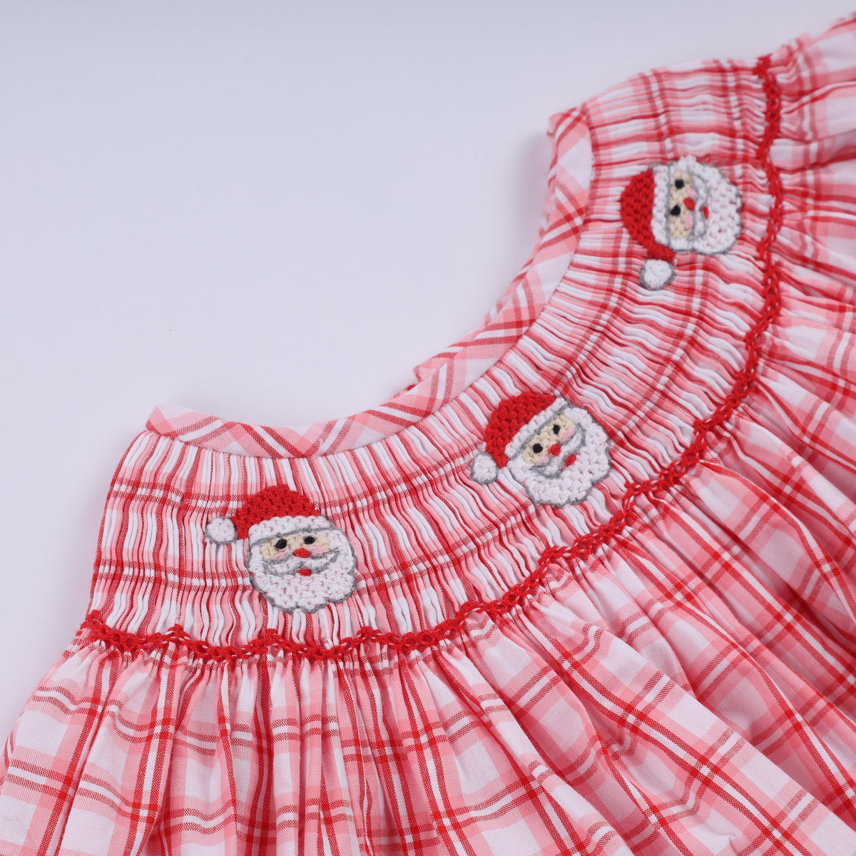 Red Christmas Santa Claus Hand Smocked Plaid Bubble - Festive Holiday Style for Baby Girls