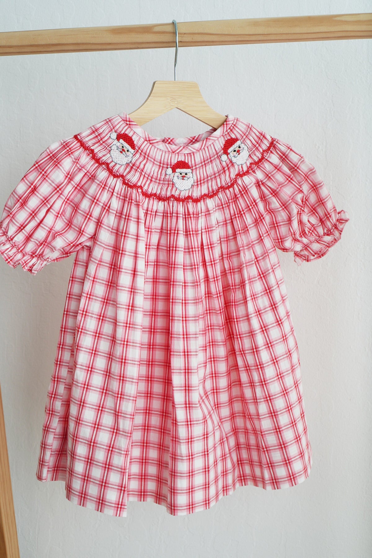 Red Christmas Santa Claus Hand Smocked Plaid Dress - Festive Holiday Style for Girls