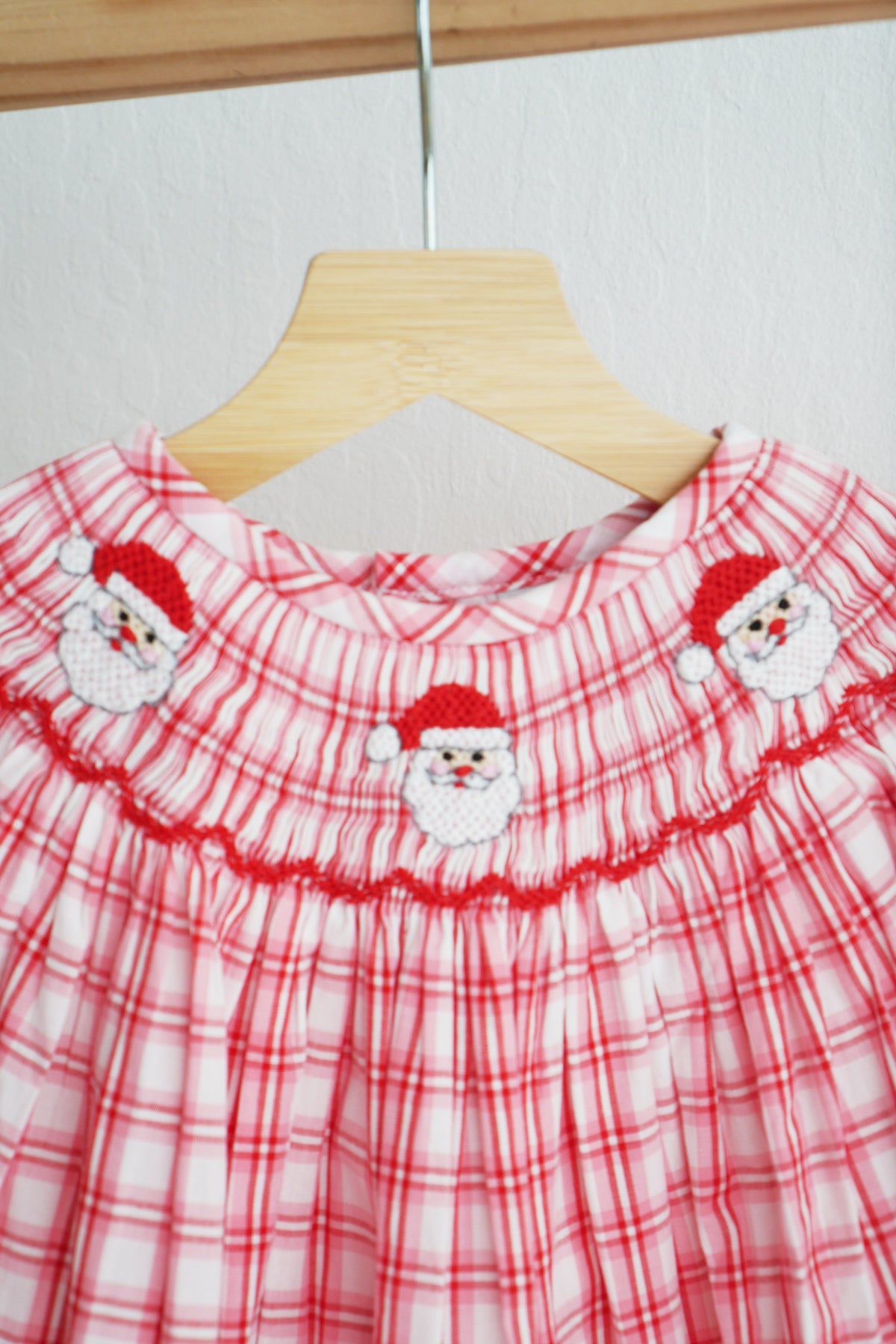 Red Christmas Santa Claus Hand Smocked Plaid Dress - Festive Holiday Style for Girls
