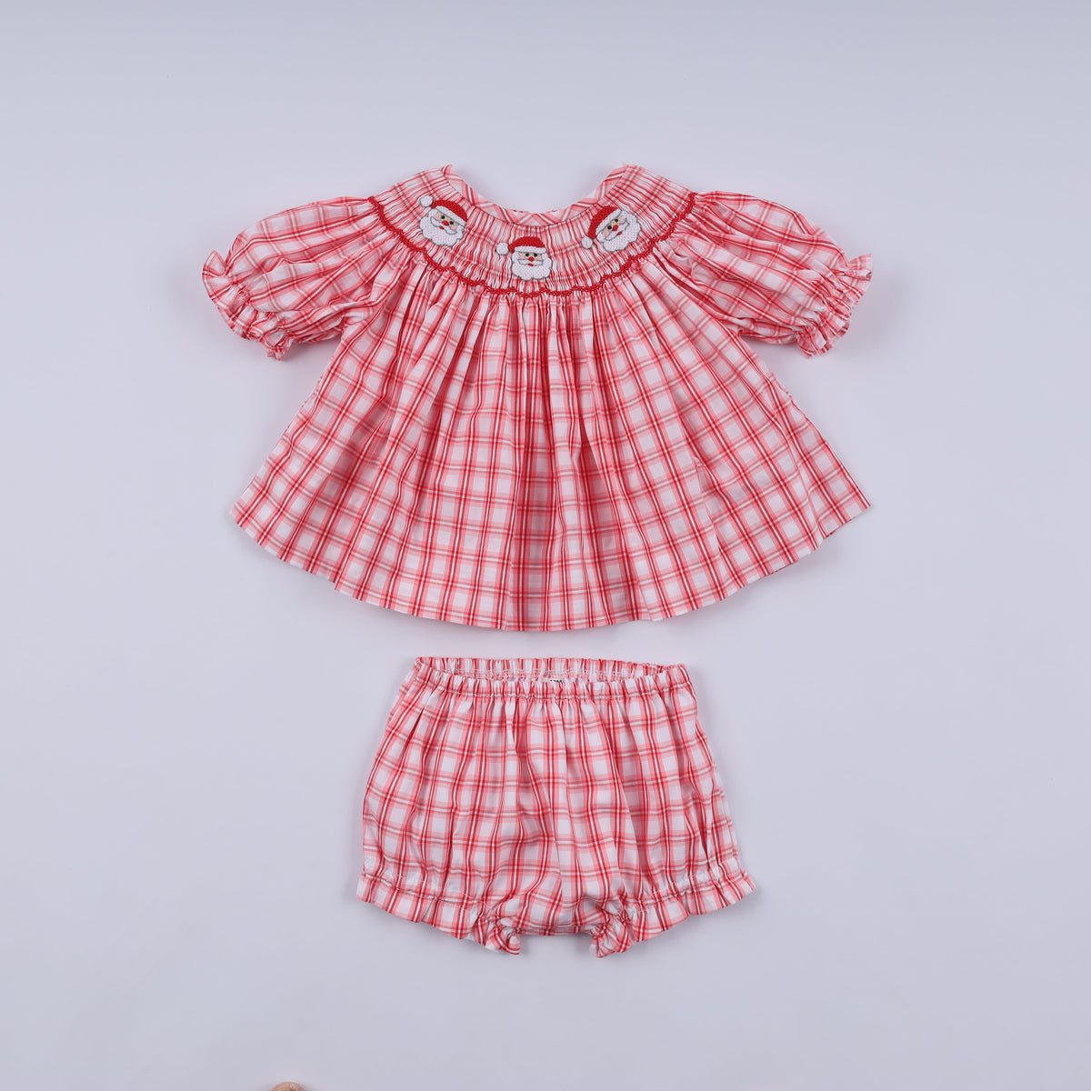 Red Christmas Santa Claus Hand Smocked Plaid Bloomer Set - Sweet Holiday Style for Girls