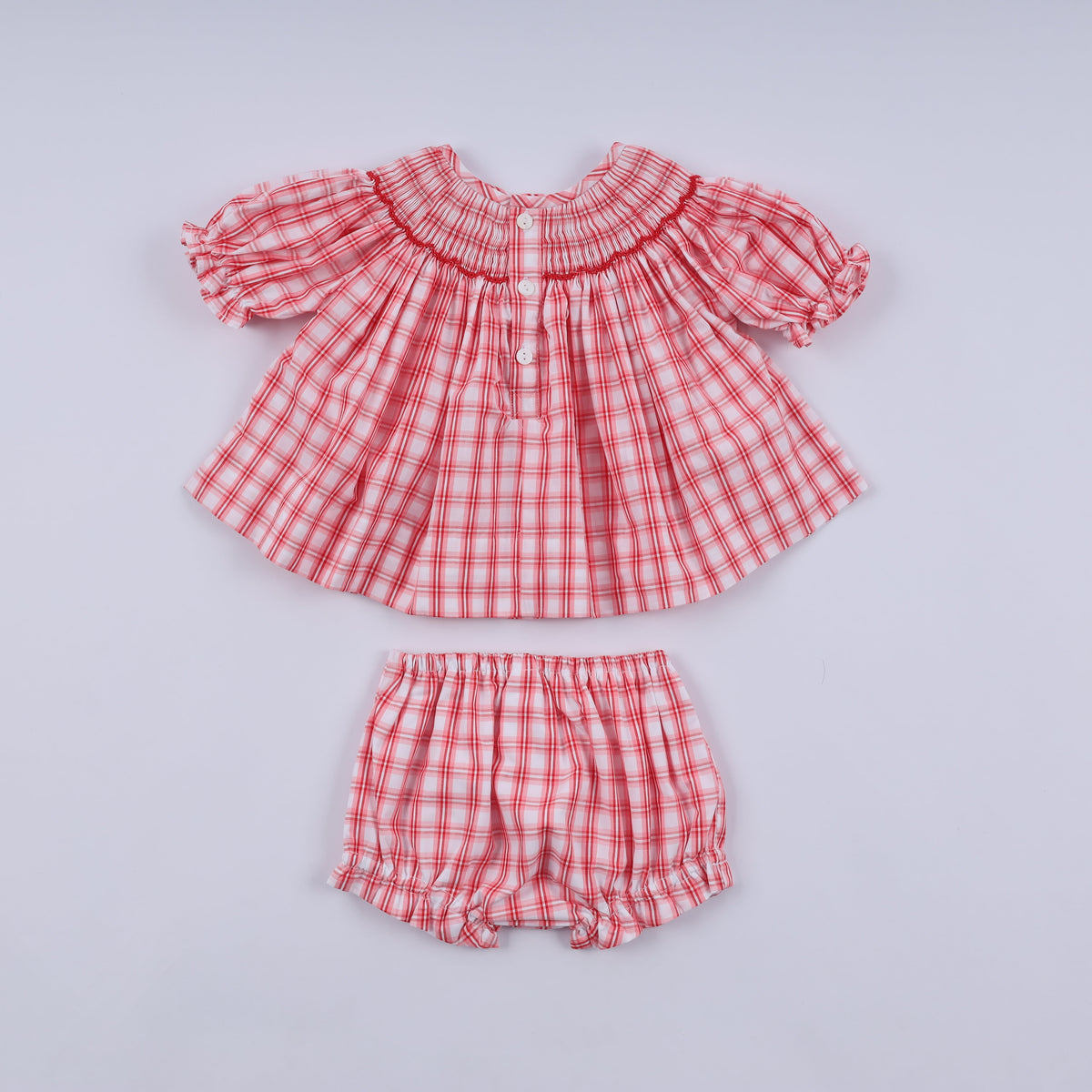 Red Christmas Santa Claus Hand Smocked Plaid Bloomer Set - Sweet Holiday Style for Girls