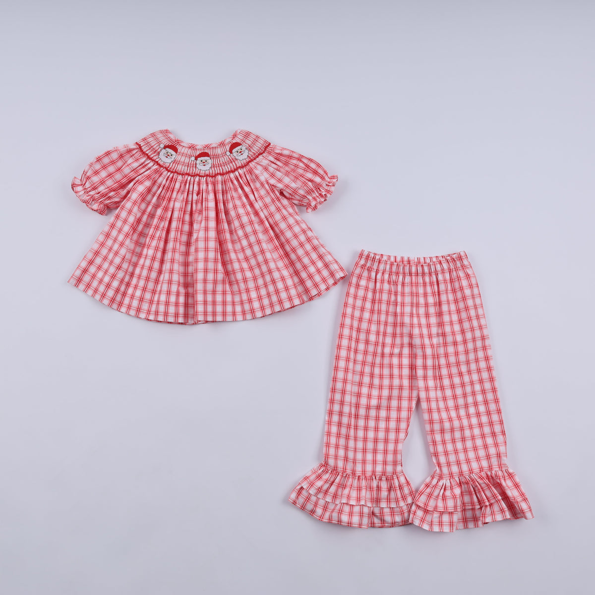 Red Christmas Santa Claus Hand Smocked Plaid Ruffle Pants Set - Festive Holiday Style for Girls