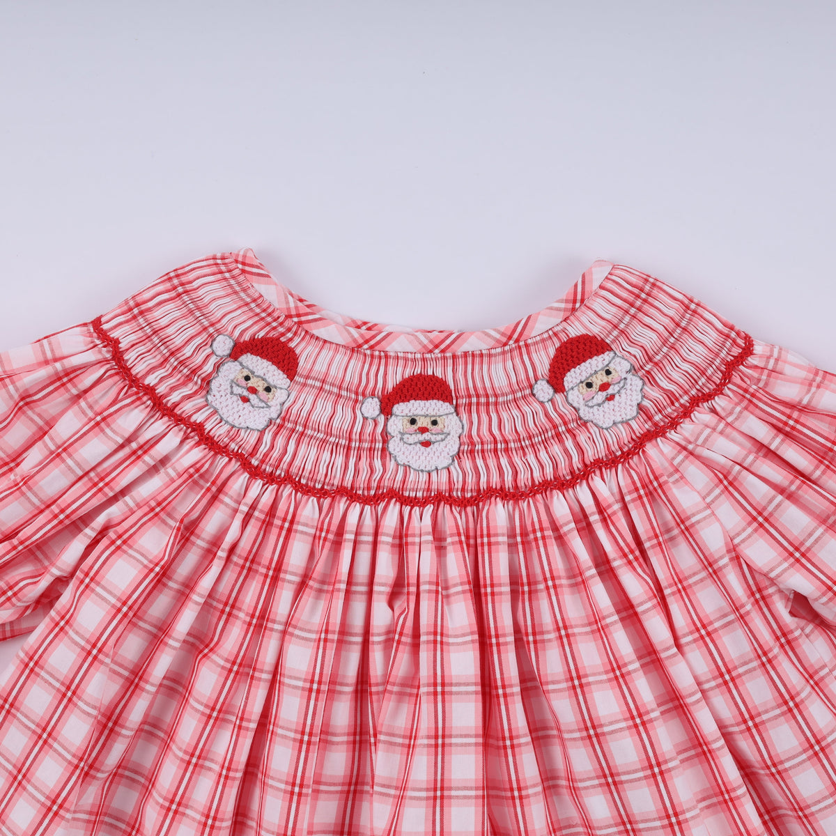 Red Christmas Santa Claus Hand Smocked Plaid Ruffle Pants Set - Festive Holiday Style for Girls