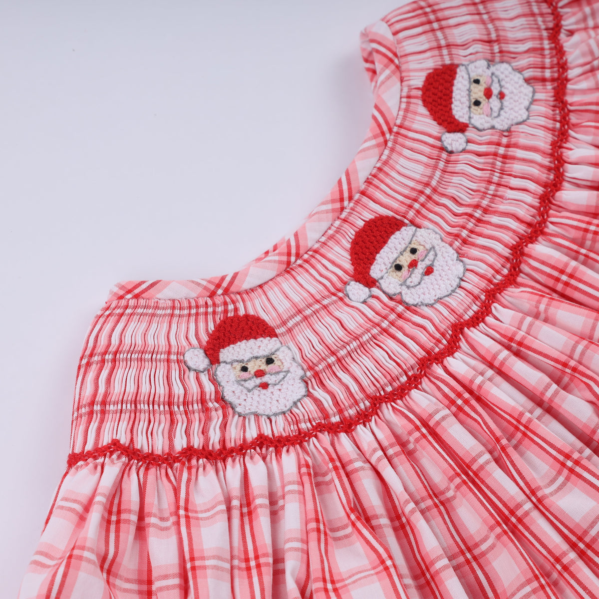 Red Christmas Santa Claus Hand Smocked Plaid Ruffle Pants Set - Festive Holiday Style for Girls