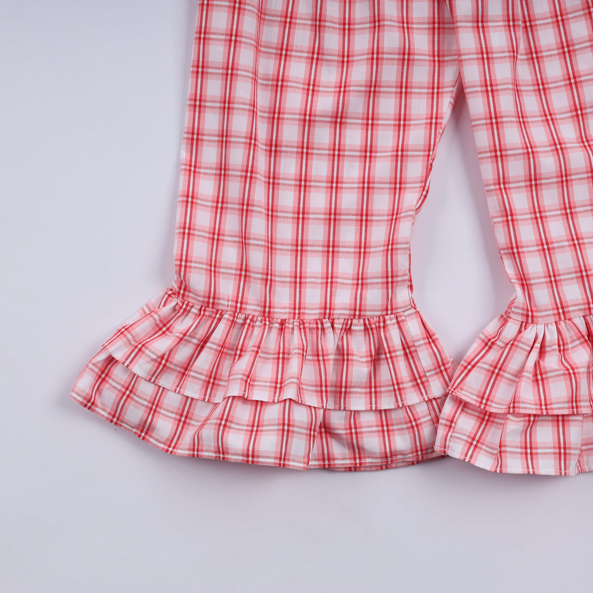 Red Christmas Santa Claus Hand Smocked Plaid Ruffle Pants Set - Festive Holiday Style for Girls