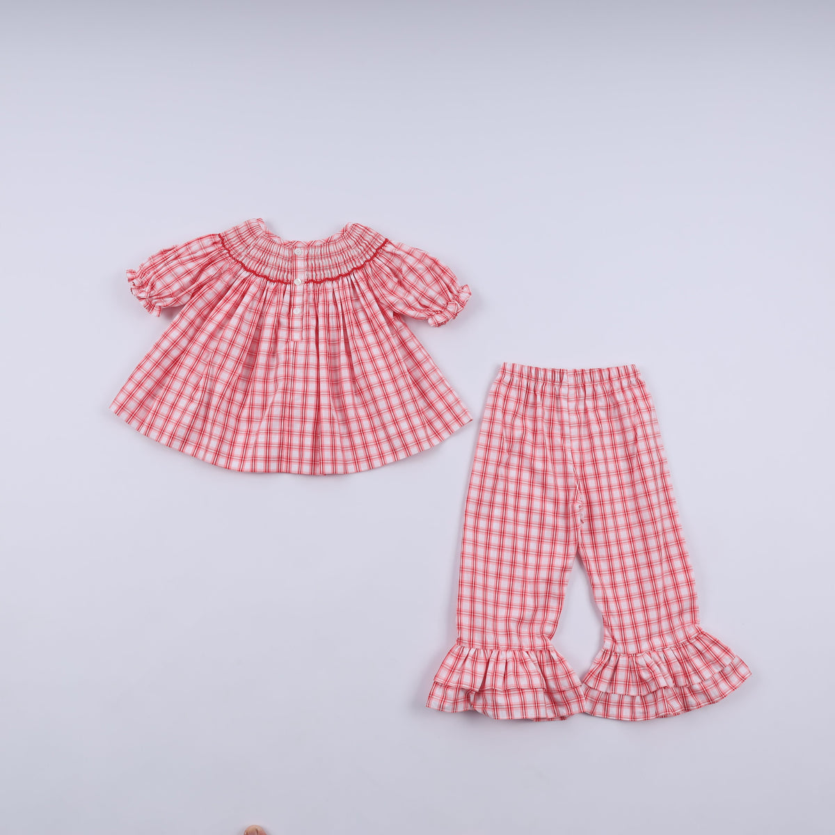 Red Christmas Santa Claus Hand Smocked Plaid Ruffle Pants Set - Festive Holiday Style for Girls