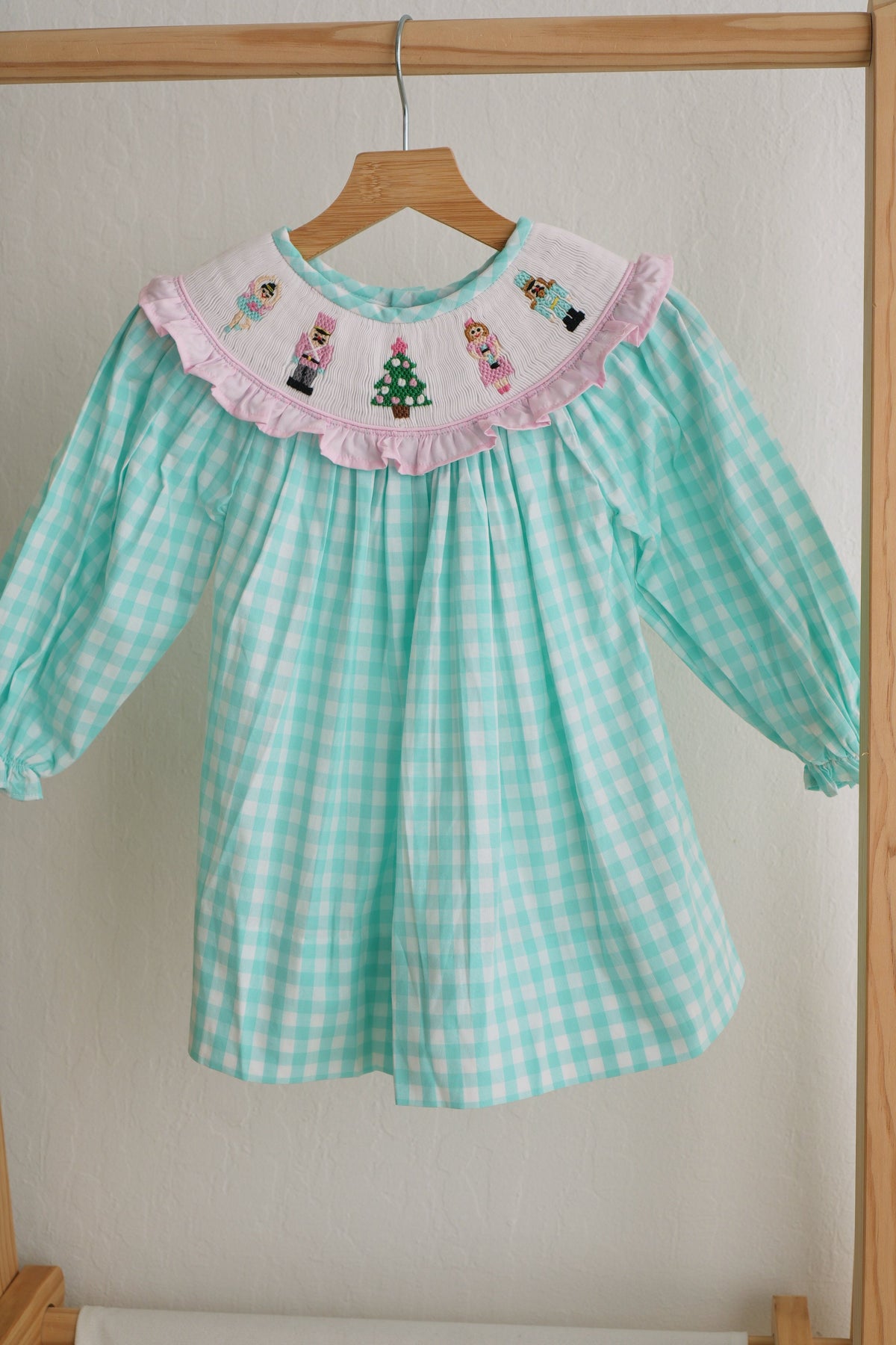 Mint Christmas Nutcracker Hand Smocked Gingham Dress - Timeless Holiday Style for Girls